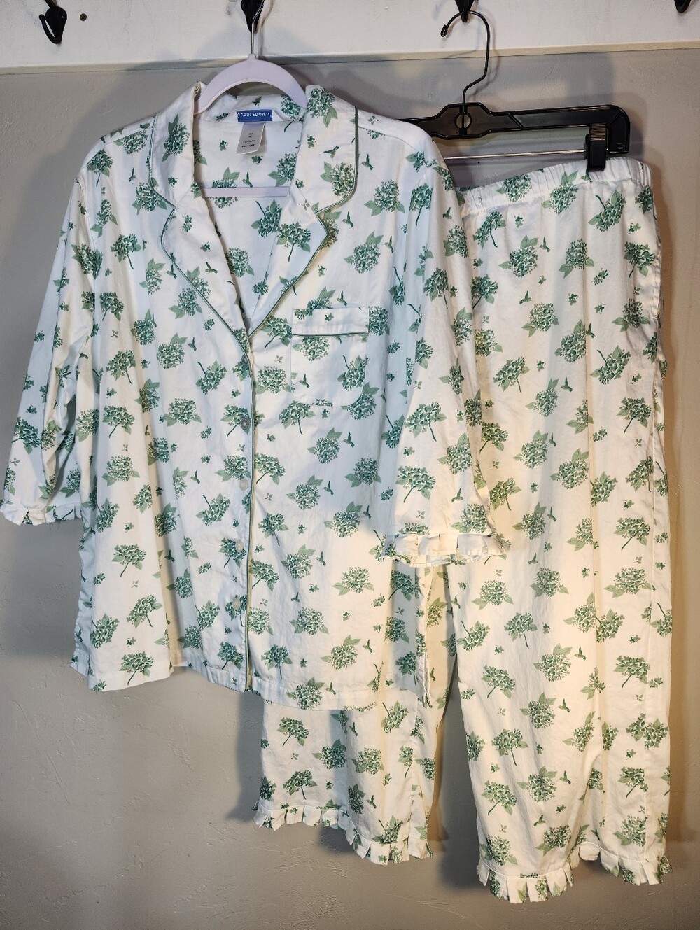Cuddledown Classic Pajama Set Green/white Floral Print Two-Piece 100% Cotton